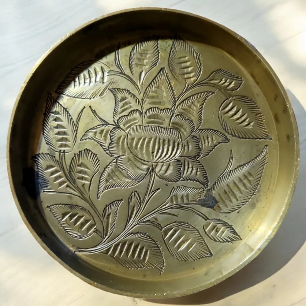Vtg 70's Handcrafted India Floral Etched Brass Drink Coaster (#1)